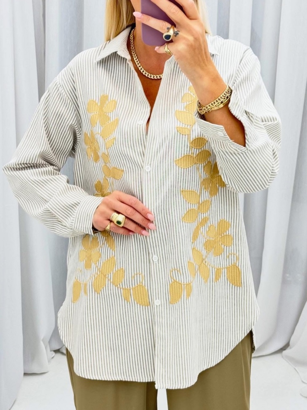 FROM PARIS FRANCE 🇫🇷 Striped Button-Down Shirt with Gold Embroidery